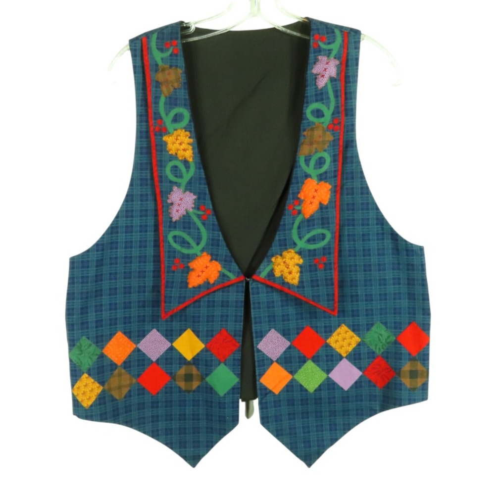 VTG Country Calico Patchwork Style QUILTED CRAFT VEST Plaid Checks Handmade M